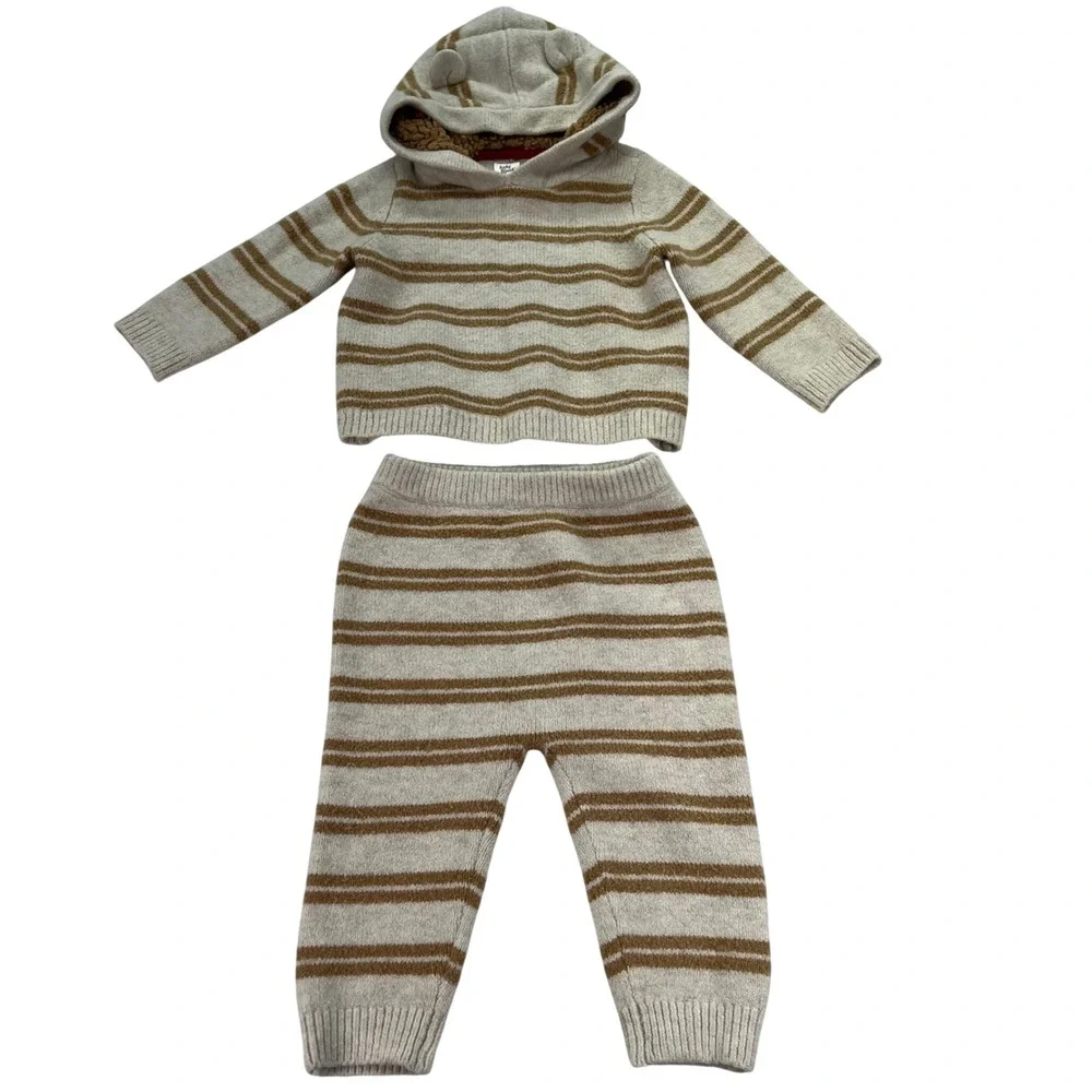OshKosh Baby B'gosh Striped Knit‎ Hoodie and Pants Set Kids 12M Teddy Ears Soft